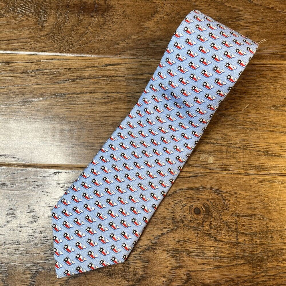 NWT Vineyard Vines Texas‎ Whale US Flag Patriotic Men's Silk Tie Blue 3.5”x58”